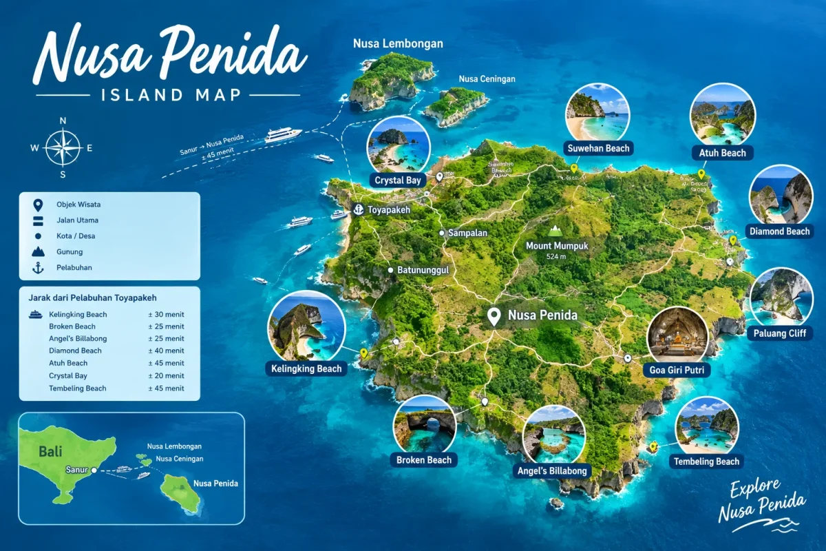 Nusa Penida Map: Tourist Map, Beaches, Attractions and Routes